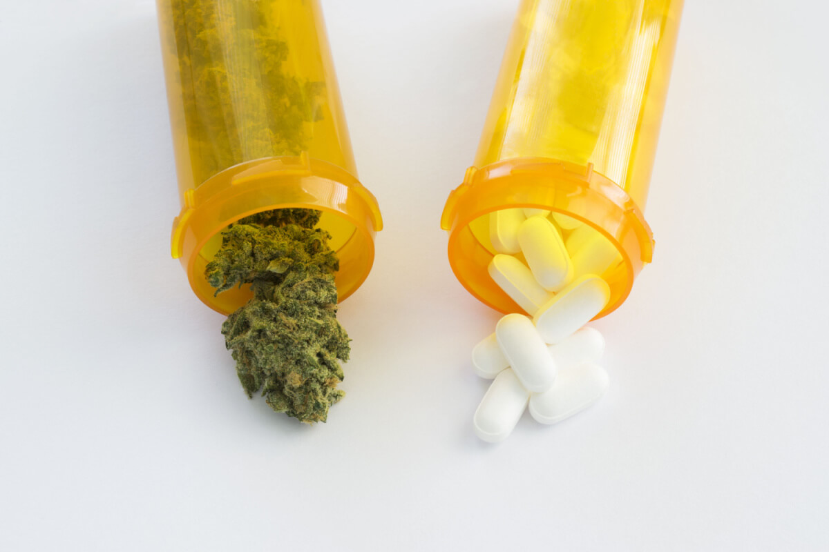 prescription pill bottles with marijuana buds and white prescription pills